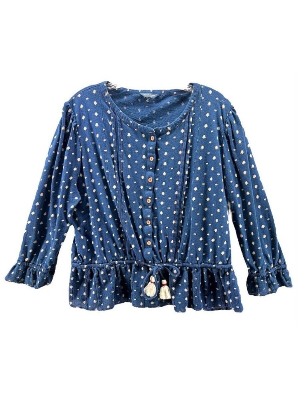 Lucky Brand Womens XL Blue Polka Dot Button-Up Blouse With Tassels & Ruffles